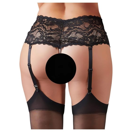 Cottelli Plus Size - Lace Panty with Garters and Pearl Chain (Black)