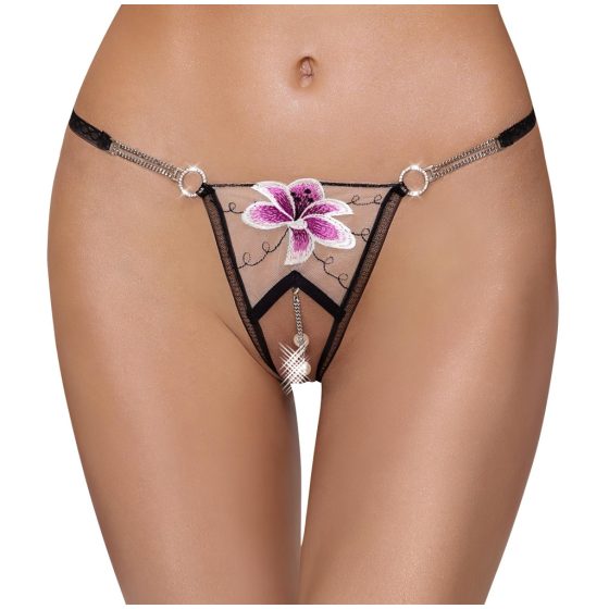 Cottelli - Luxury Embroidered Lily Thong (Black-White)