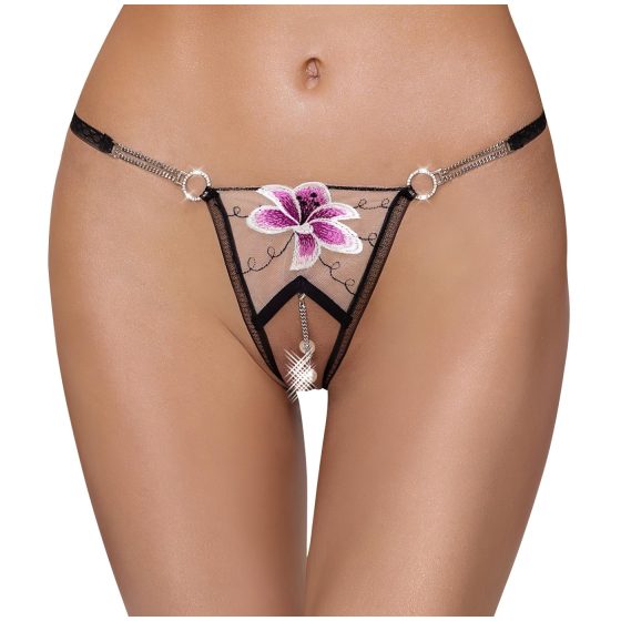 Cottelli - luxury embroidered lily thong (black-white)