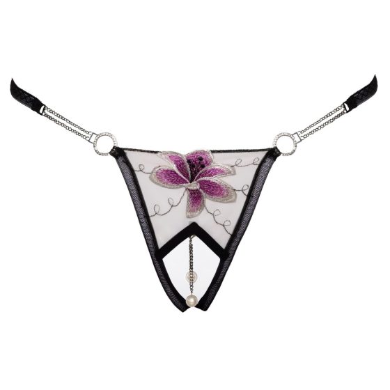 Cottelli - Luxury Embroidered Lily Thong (Black-White)