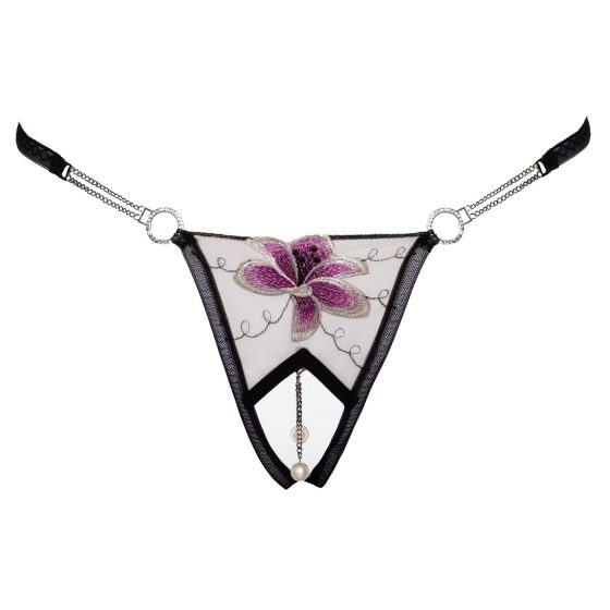 Cottelli - luxury embroidered lily thong (black-white)