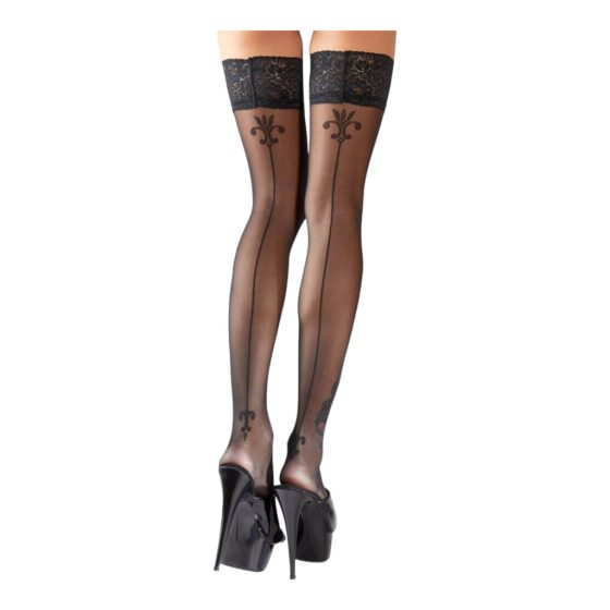 Cottelli - Lily-patterned, Striped Thigh Highs (Black)