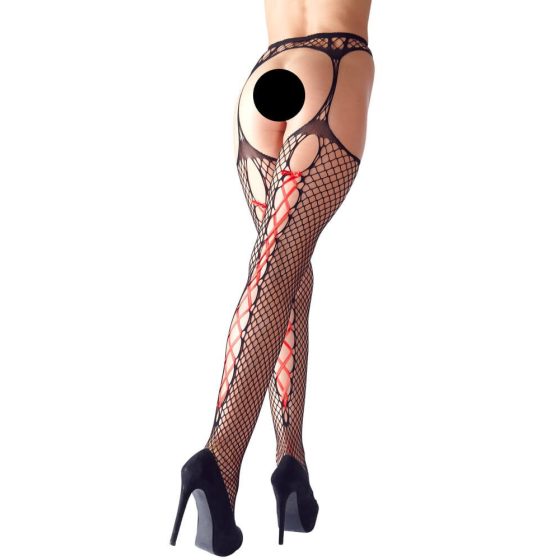 Cottelli - Black Fishnet Stockings with Red Lace-up