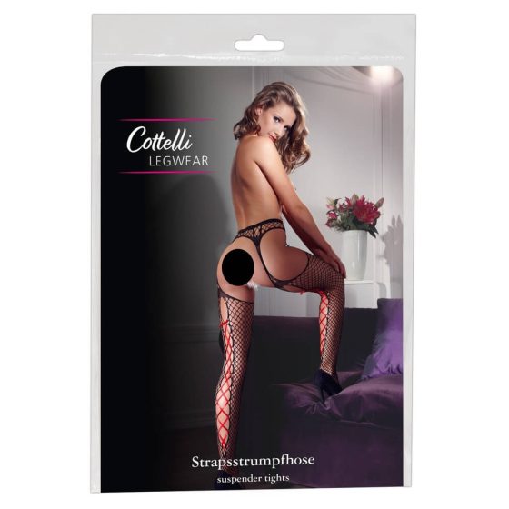 Cottelli - Black Fishnet Stockings with Red Lace-up