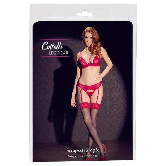 Cottelli - Black Stockings with Red Lace Trim