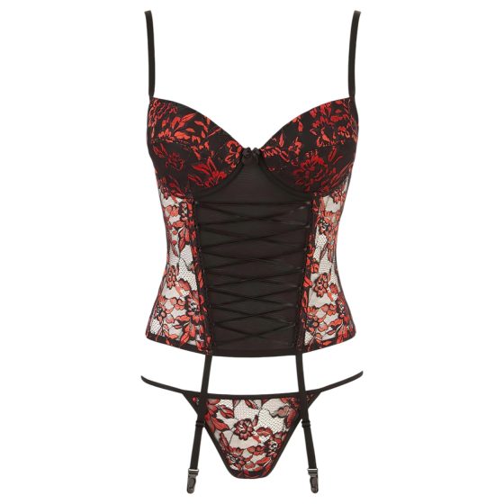 Cottelli - Rose Bustier and Thong Set (Black-Red)