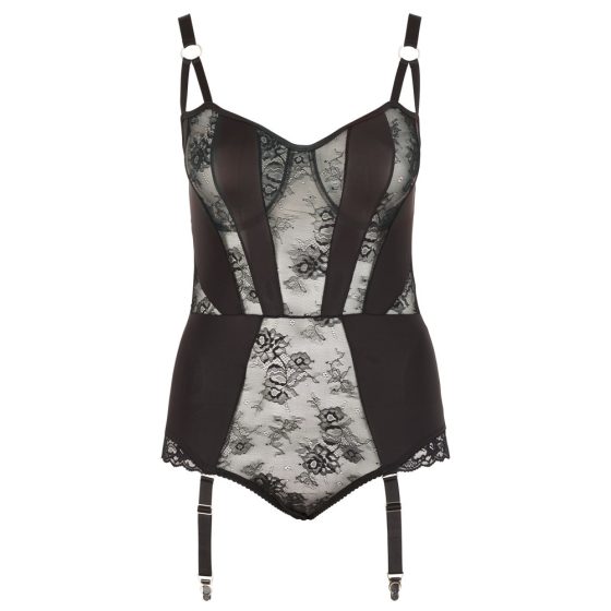 Cottelli Plus Size - Floral Suspender Bodysuit (Black)