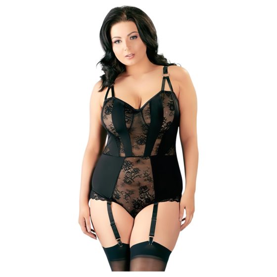 Cottelli Plus Size - Floral Garter Belt Women's Bodysuit (Black)