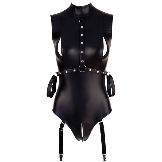 Cottelli Bondage - Sleeveless Glossy Bodysuit with Hand Restraints (Black)