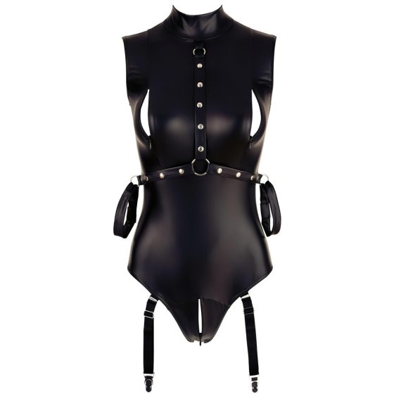 Cottelli Bondage - Sleeveless Glossy Bodysuit with Hand Restraints (Black)