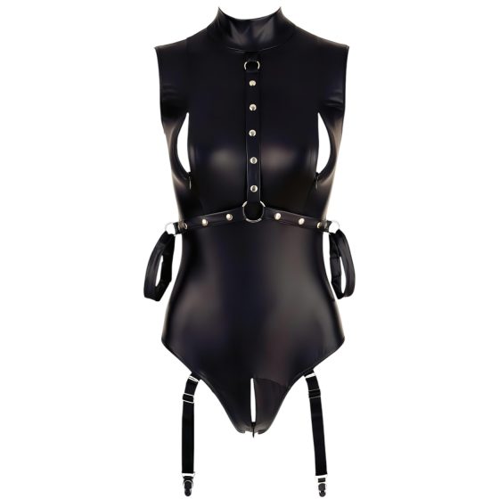 Cottelli Bondage - Sleeveless Glossy Bodysuit with Hand Restraints (Black)