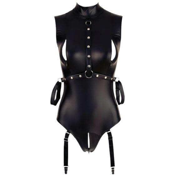 Cottelli Bondage - Sleeveless Glossy Bodysuit with Hand Restraints (Black)