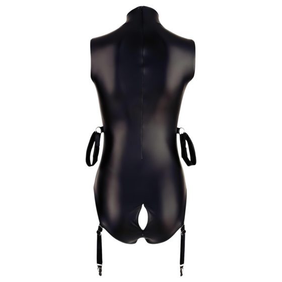 Cottelli Bondage - Sleeveless Glossy Bodysuit with Hand Restraints (Black)