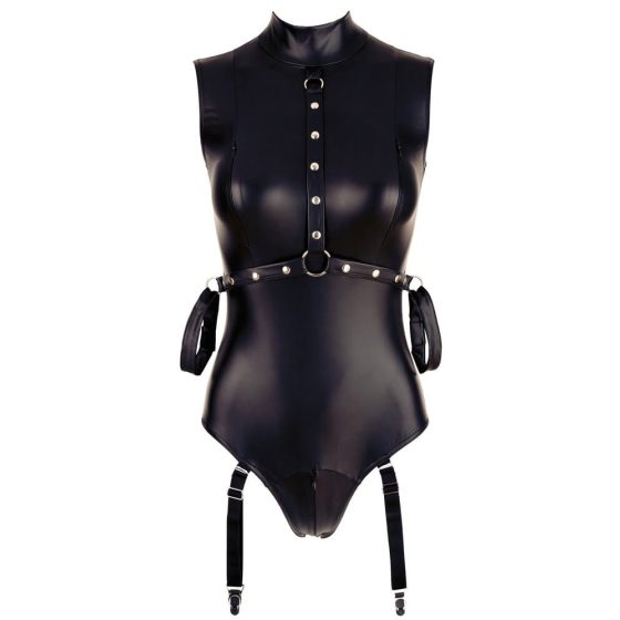 Cottelli Bondage - Sleeveless Glossy Bodysuit with Hand Restraints (Black)