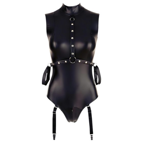 Cottelli Bondage - Sleeveless Glossy Bodysuit with Hand Restraints (Black)