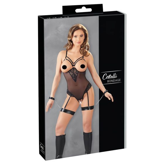 Cottelli Bondage - Metal Ring Strappy Bodysuit with Hand Restraints (Black)