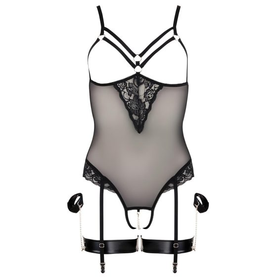 Cottelli Bondage - Metal Ring Strappy Bodysuit with Hand Restraints (Black)