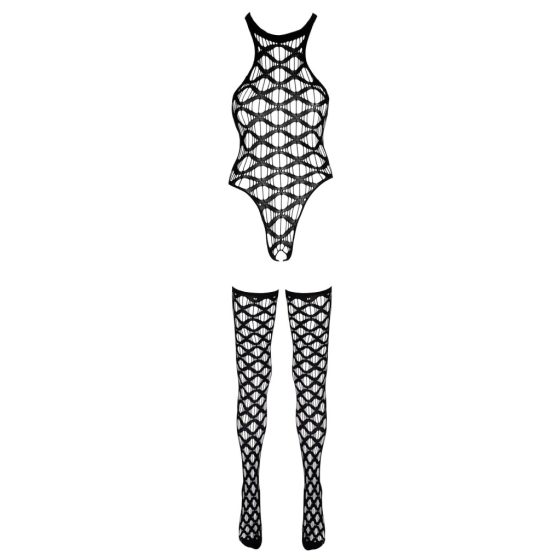 NO:XQSE - Wavy Bodysuit and Thigh High Set - Black (S-L)