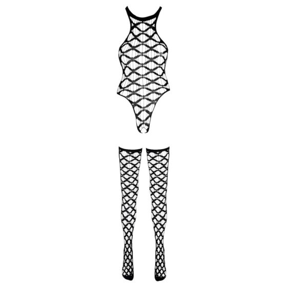 NO:XQSE - Wavy Bodysuit and Thigh High Set - Black (S-L)