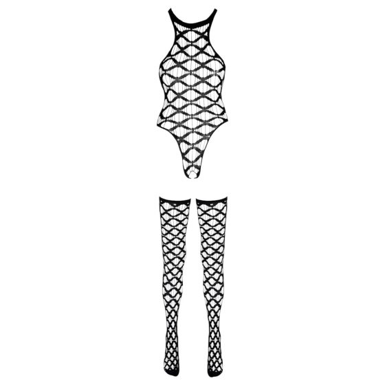 NO:XQSE - Wavy Bodysuit and Thigh High Set - Black (S-L)