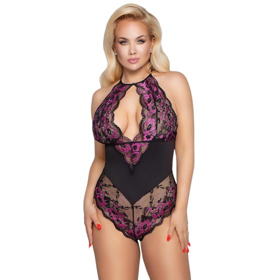 Cottelli Plus Size - floral bodysuit (black-purple)