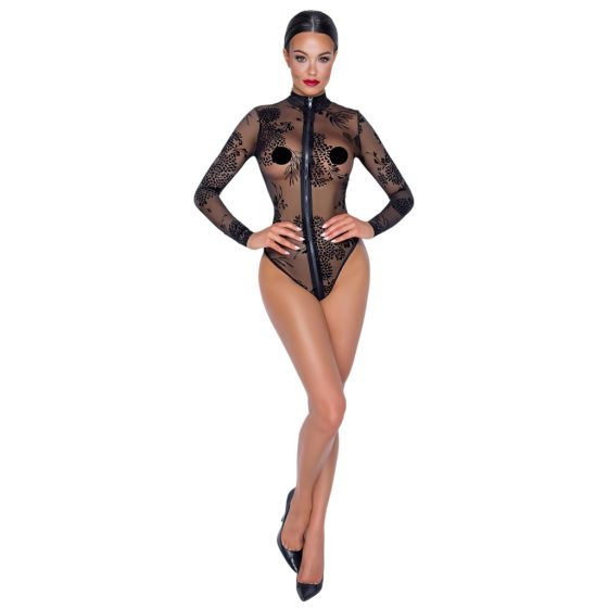 Noir - Transparent, Long Sleeve Bodysuit (Black)