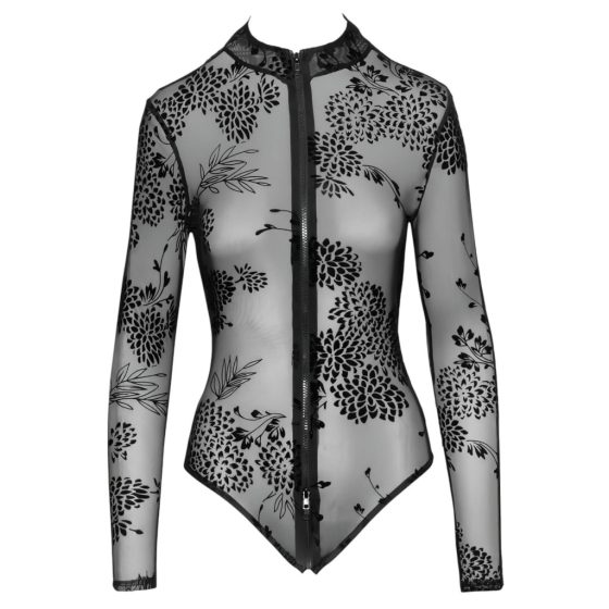 Noir - Transparent, Long Sleeve Bodysuit (Black)