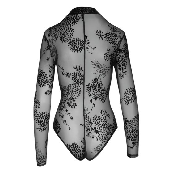 Noir - Transparent, Long Sleeve Bodysuit (Black)