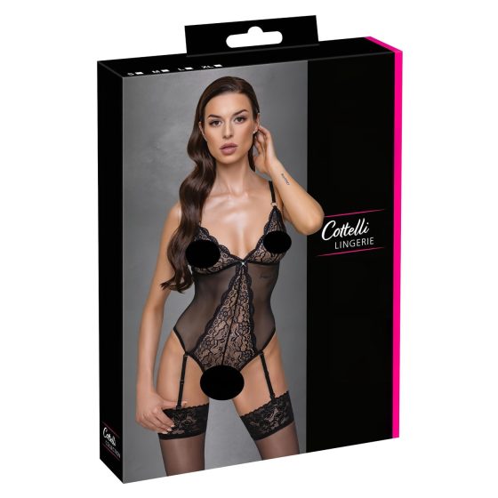 Cottelli - Lace Open-Back Black Bodysuit with Garter