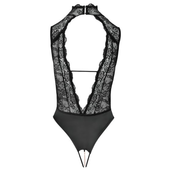 Abierta Fina - Lace Open Bodysuit with Rhinestones (Black)