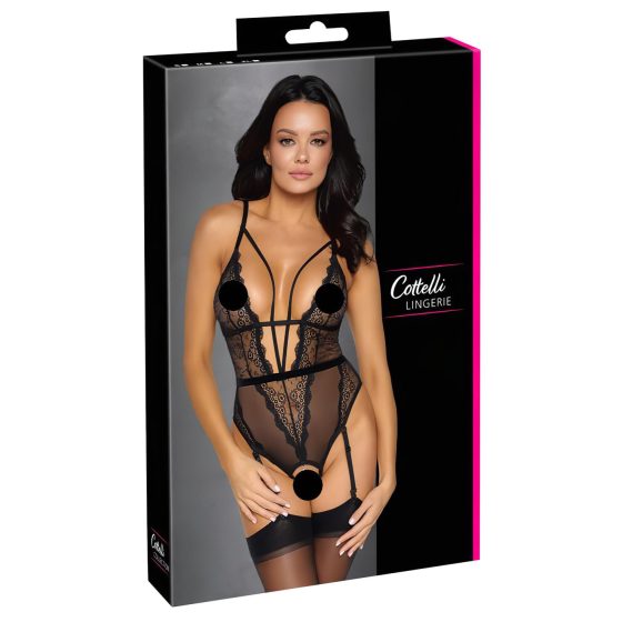 Cottelli - Open Strappy Bodysuit with Garter (Black)