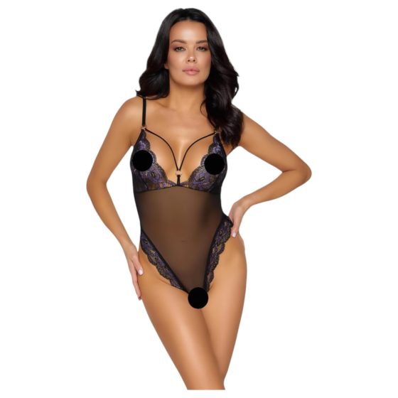 Cottelli - Embroidered Open Lace Bodysuit (Black-Purple)