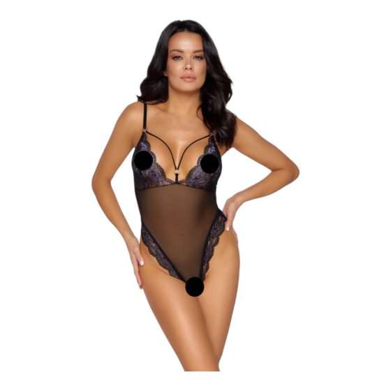 Cottelli - Embroidered Open Lace Bodysuit (Black-Purple)