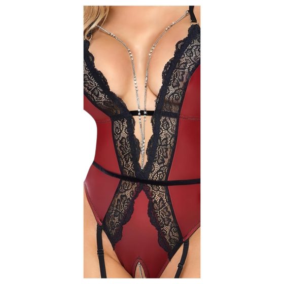 Abierta Fina - Open Bodysuit with Garter Belt (Black-Red)