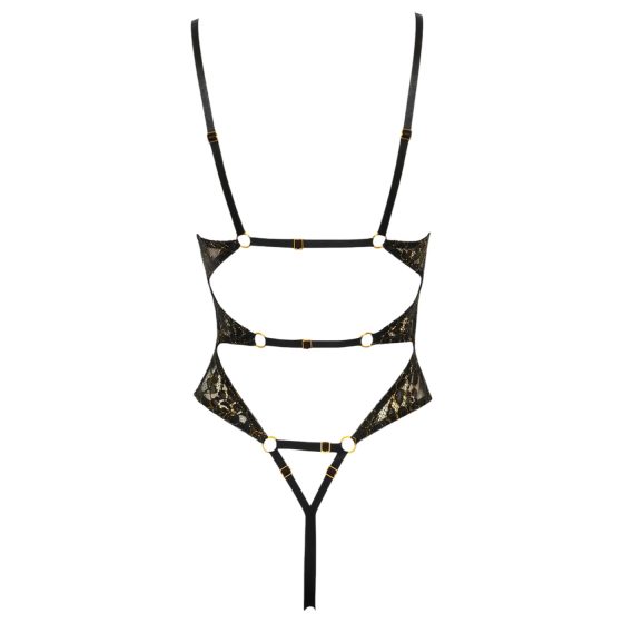 Abierta Fina - Open, Lace Bodysuit with Rhinestones (Black-Gold)