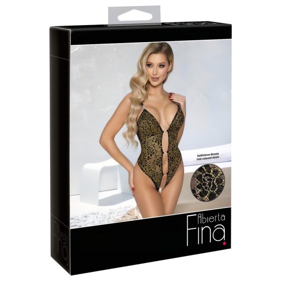 Abierta Fina - Open Lace Bodysuit with Rhinestones (Black-Gold)