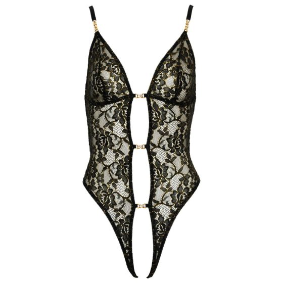 Abierta Fina - Open Lace Bodysuit with Rhinestones (Black-Gold)