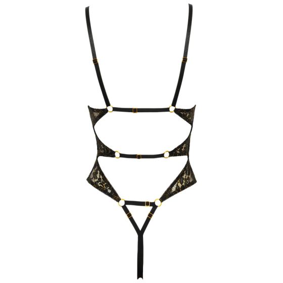 Abierta Fina - Open Lace Bodysuit with Rhinestones (Black-Gold)