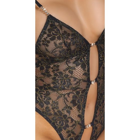 Abierta Fina - Open Lace Bodysuit with Rhinestones (Black-Gold)