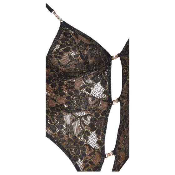 Abierta Fina - Open, Lace Bodysuit with Rhinestones (Black-Gold)