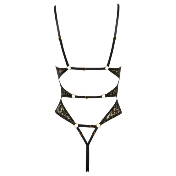 Abierta Fina - Open Lace Bodysuit with Rhinestones (Black-Gold)