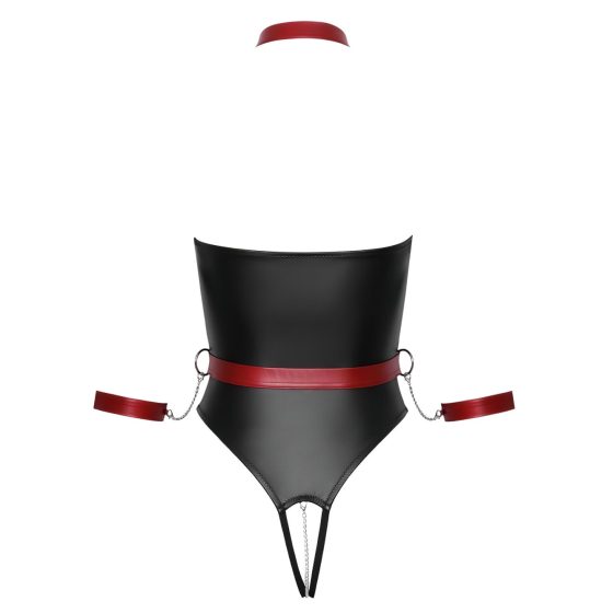 Cottelli Bondage - Glossy Bodysuit with Arm Restraints (Black-Red)