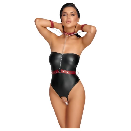 Cottelli Bondage - Glossy Bodysuit with Arm Restraints (Black-Red)