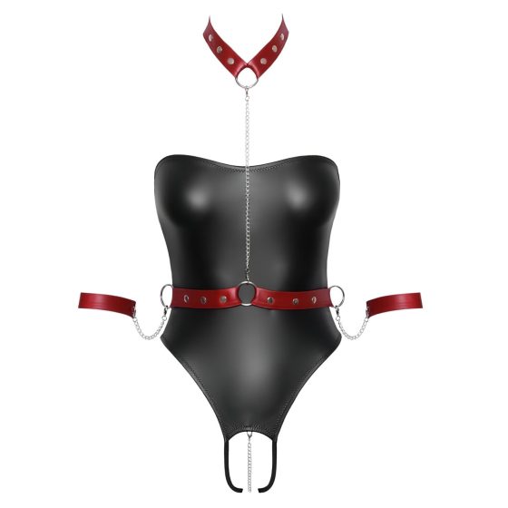 Cottelli Bondage - Glossy Bodysuit with Arm Restraints (Black-Red)