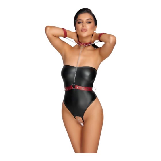 Cottelli Bondage - Glossy Bodysuit with Arm Restraints (Black-Red)