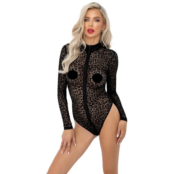 Noir - Leopard Print Long Sleeve Bodysuit (Black)