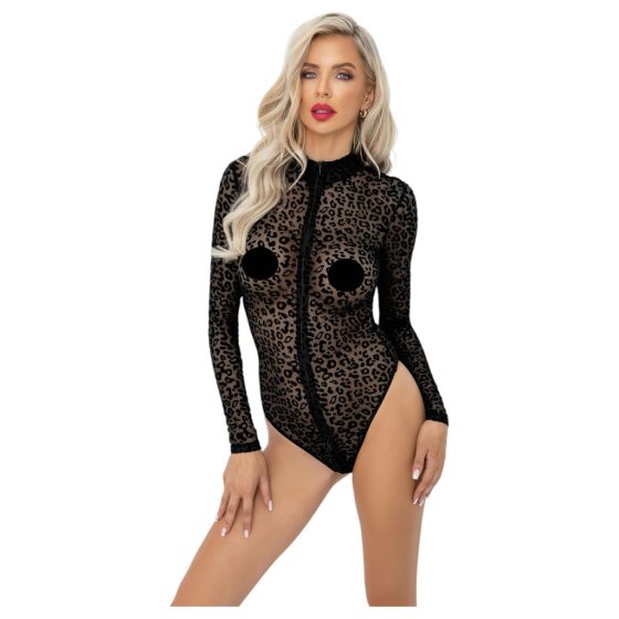 Noir - Leopard Print Long Sleeve Bodysuit (Black)