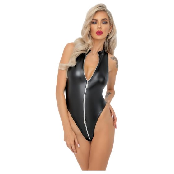 Black Glossy Zippered Sleeveless Bodysuit