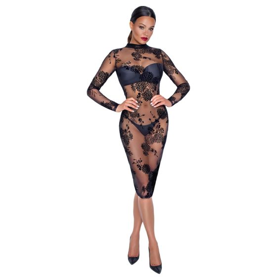 Noir - Sheer Floral Long Sleeve Dress (Black)