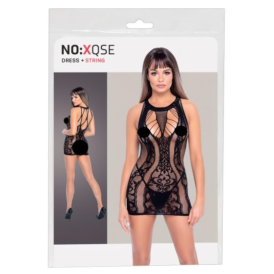 / NO:XQSE - Lace Pattern Fishnet Mini Dress (Black)